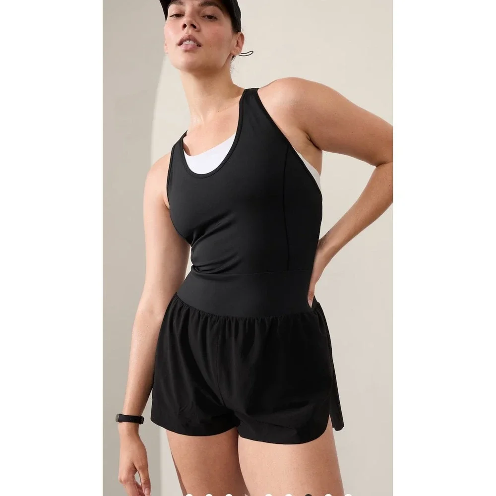 Athleta Black Crossover Runsie Athletic Shorts Romper‎ Large Tall